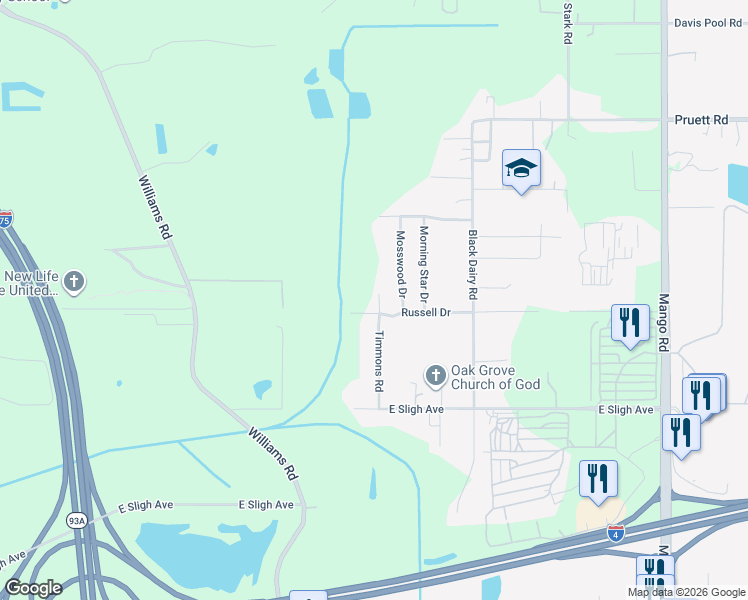 map of restaurants, bars, coffee shops, grocery stores, and more near 6248 Timmons Road in Seffner