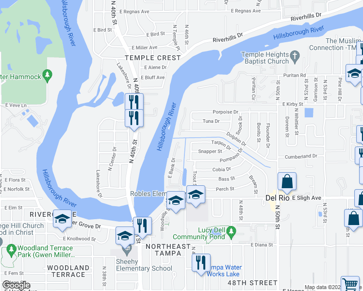 map of restaurants, bars, coffee shops, grocery stores, and more near 4114 Waterside Island Court in Tampa