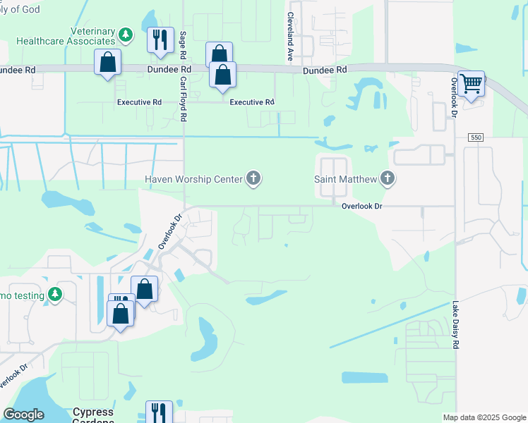 map of restaurants, bars, coffee shops, grocery stores, and more near 1854 Overlook Drive in Cypress Gardens