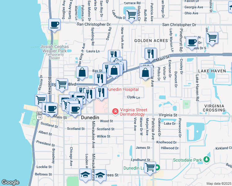 map of restaurants, bars, coffee shops, grocery stores, and more near 910 New York Avenue in Dunedin