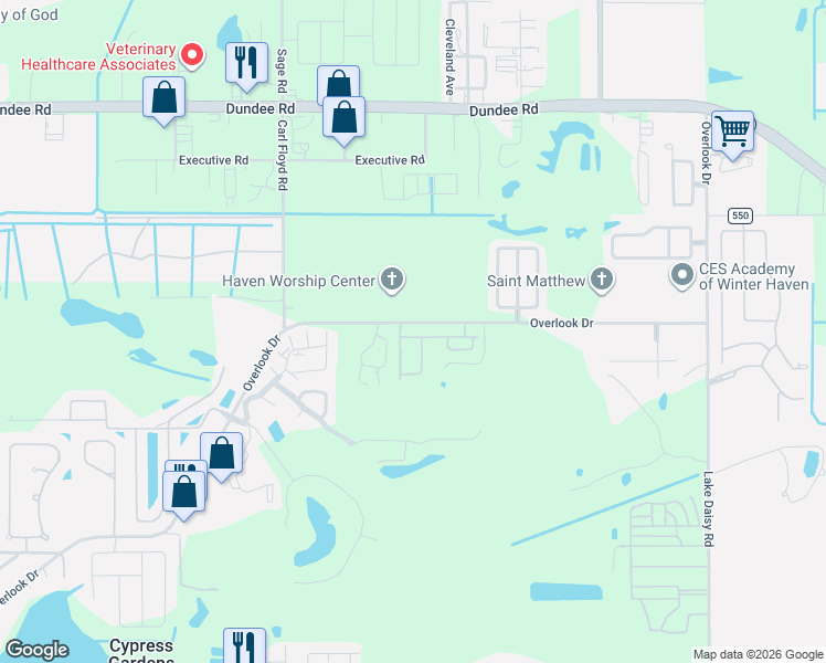 map of restaurants, bars, coffee shops, grocery stores, and more near 1854 Overlook Drive in Cypress Gardens