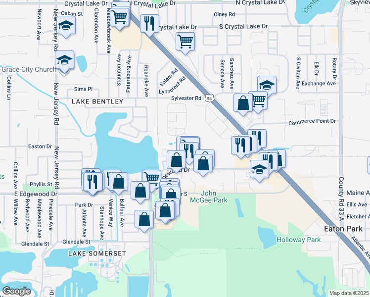 map of restaurants, bars, coffee shops, grocery stores, and more near Unnamed Road in Lakeland