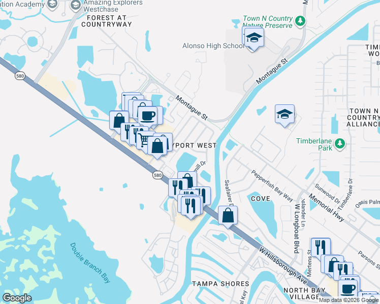 map of restaurants, bars, coffee shops, grocery stores, and more near 7006 Westminster Street in Tampa