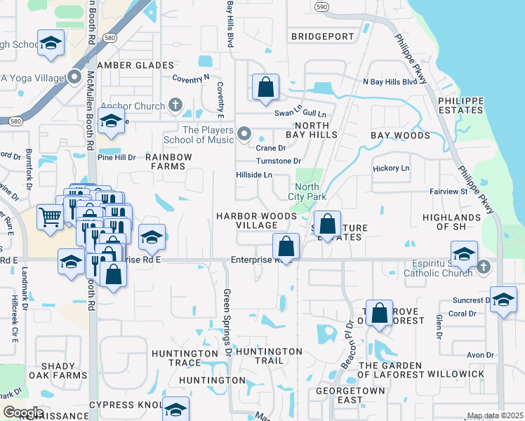 map of restaurants, bars, coffee shops, grocery stores, and more near 3080 Hillside Lane in Safety Harbor