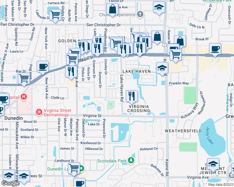 map of restaurants, bars, coffee shops, grocery stores, and more near 1092 Loch Haven Drive North in Dunedin