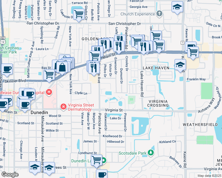 map of restaurants, bars, coffee shops, grocery stores, and more near 1008 Desoto Drive in Dunedin