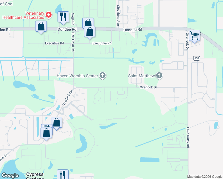 map of restaurants, bars, coffee shops, grocery stores, and more near 1854 Overlook Drive in Cypress Gardens