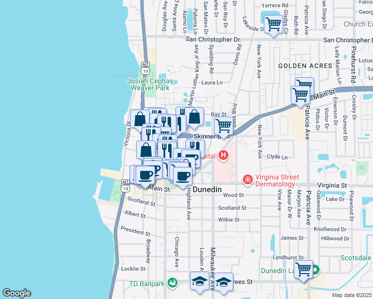 map of restaurants, bars, coffee shops, grocery stores, and more near 946 Highland Avenue in Dunedin