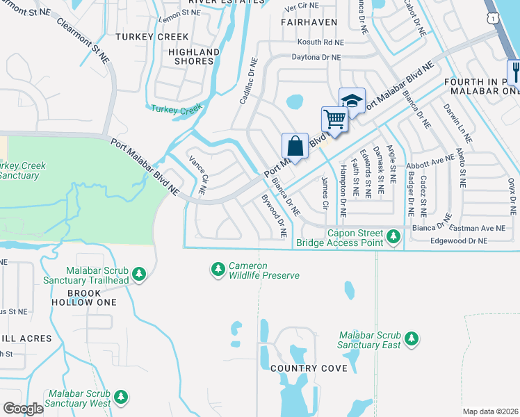 map of restaurants, bars, coffee shops, grocery stores, and more near 2771 Rhapsody Terrace Northeast in Palm Bay