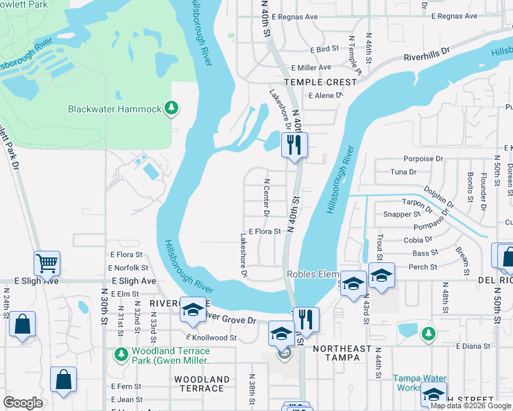 map of restaurants, bars, coffee shops, grocery stores, and more near 7305 Lakeshore Drive in Tampa
