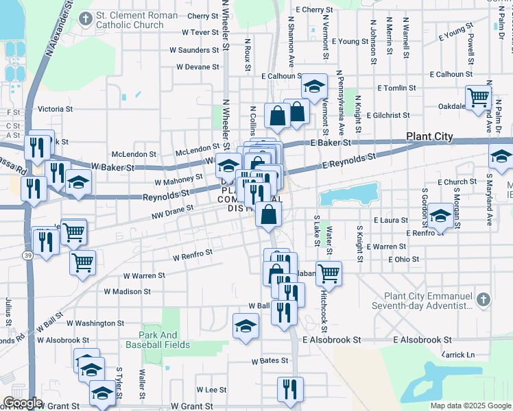 map of restaurants, bars, coffee shops, grocery stores, and more near 115 East Reynolds Street in Plant City