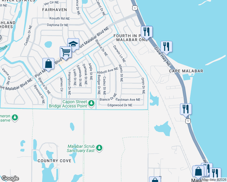 map of restaurants, bars, coffee shops, grocery stores, and more near 770 Bahama Street Northeast in Palm Bay