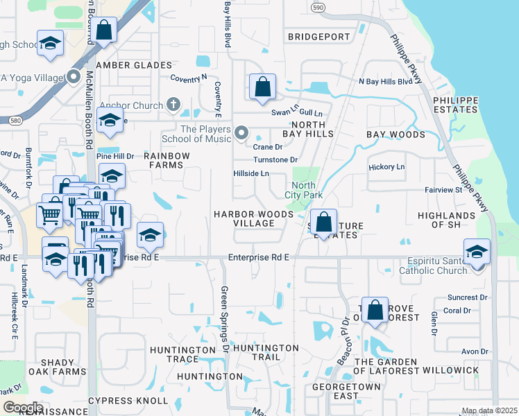map of restaurants, bars, coffee shops, grocery stores, and more near 3080 Hillside Lane in Safety Harbor