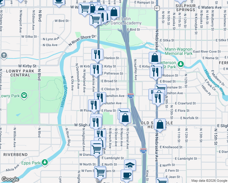 map of restaurants, bars, coffee shops, grocery stores, and more near 7304 North Dixon Avenue in Tampa