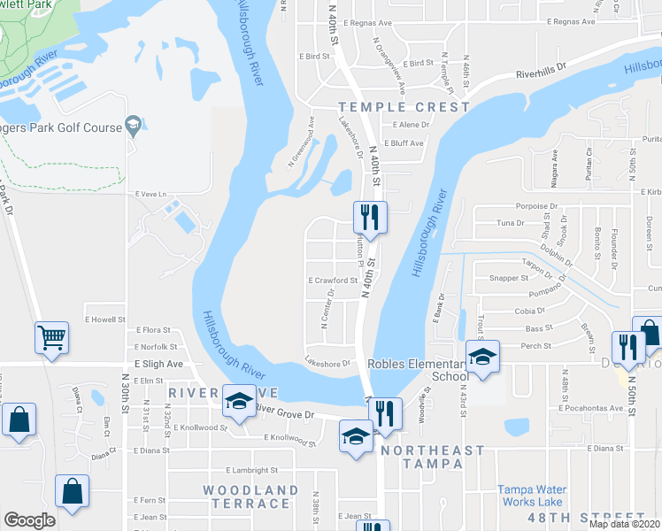 map of restaurants, bars, coffee shops, grocery stores, and more near 3715 East Hamilton Avenue in Tampa
