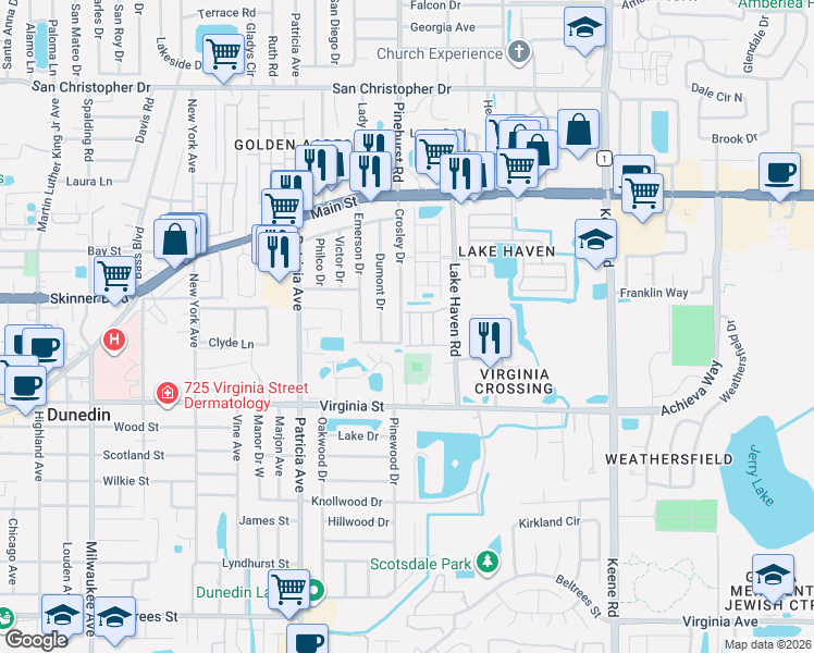 map of restaurants, bars, coffee shops, grocery stores, and more near 852 Oxford Court in Dunedin