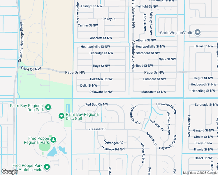 map of restaurants, bars, coffee shops, grocery stores, and more near 1724 Delki Street Northwest in Palm Bay