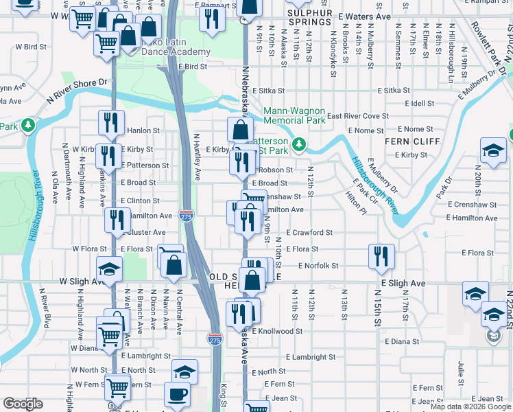 map of restaurants, bars, coffee shops, grocery stores, and more near 904 East Crenshaw Street in Tampa