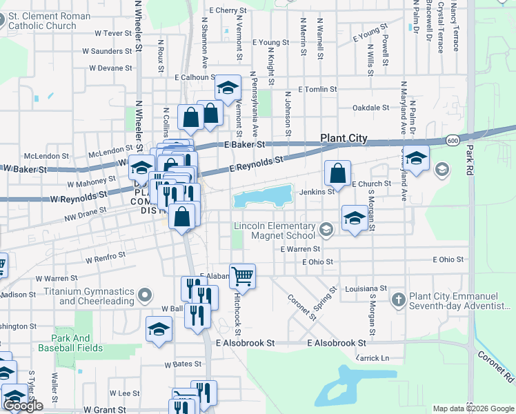 map of restaurants, bars, coffee shops, grocery stores, and more near in Plant City