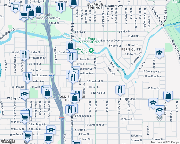 map of restaurants, bars, coffee shops, grocery stores, and more near 1022 East Crenshaw Street in Tampa