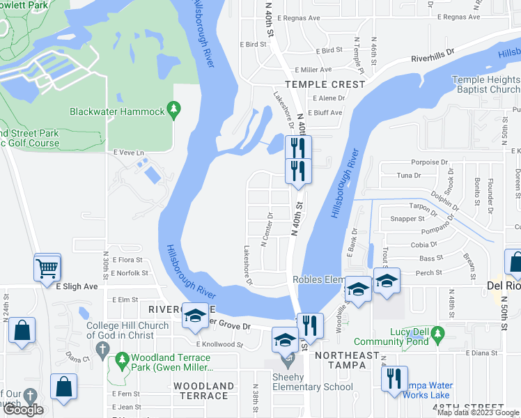 map of restaurants, bars, coffee shops, grocery stores, and more near 3709 East Hamilton Avenue in Tampa