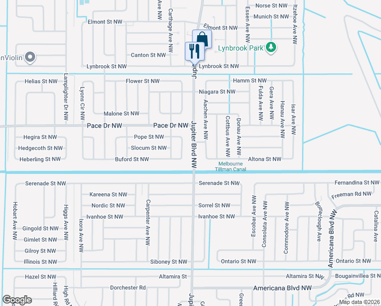 map of restaurants, bars, coffee shops, grocery stores, and more near 1140 Jupiter Boulevard Northwest in Palm Bay