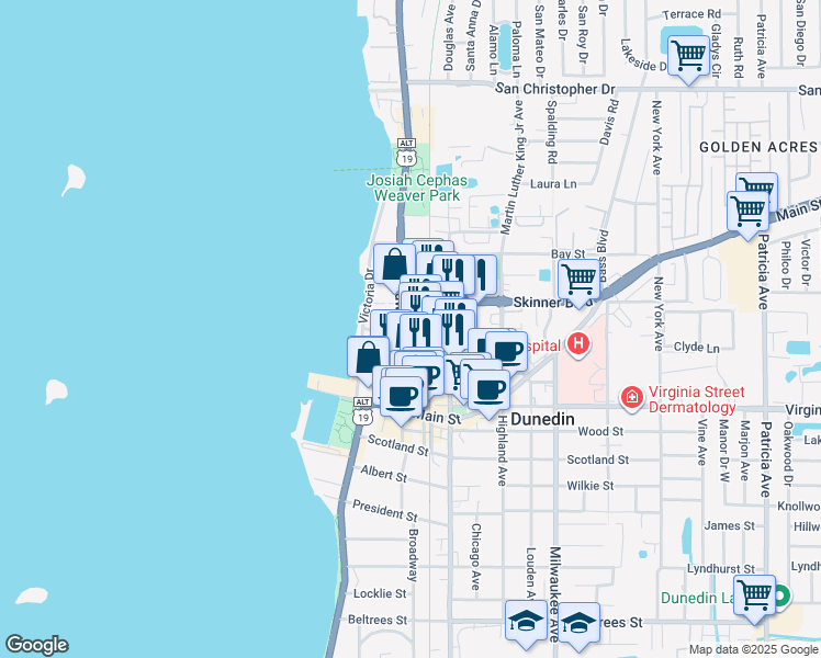 map of restaurants, bars, coffee shops, grocery stores, and more near 748 Broadway in Dunedin