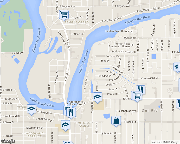 map of restaurants, bars, coffee shops, grocery stores, and more near 4301 Dolphin Drive in Tampa
