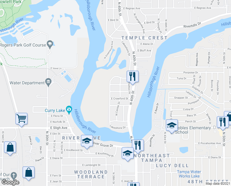 map of restaurants, bars, coffee shops, grocery stores, and more near 7305 Lakeshore Drive in Tampa