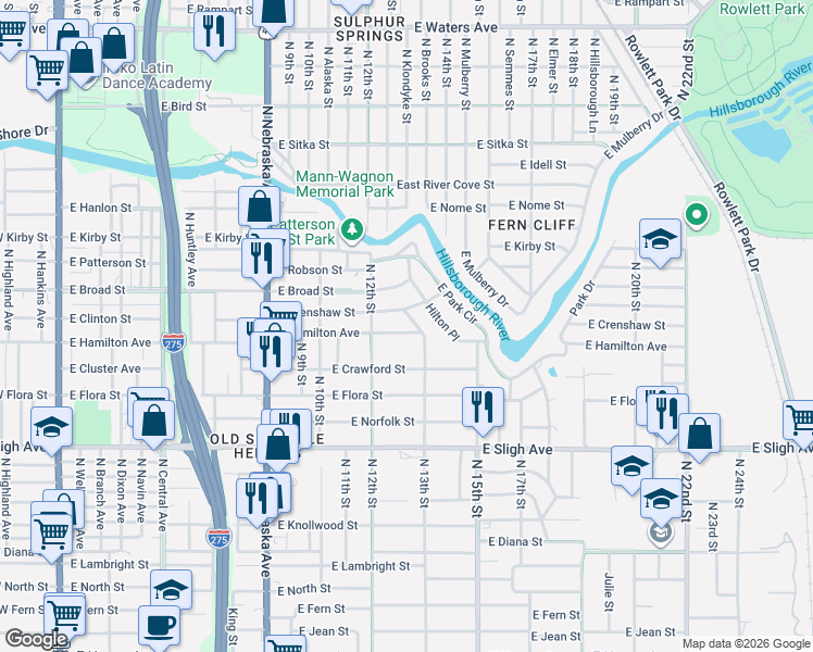 map of restaurants, bars, coffee shops, grocery stores, and more near 1211 East Crenshaw Street in Tampa