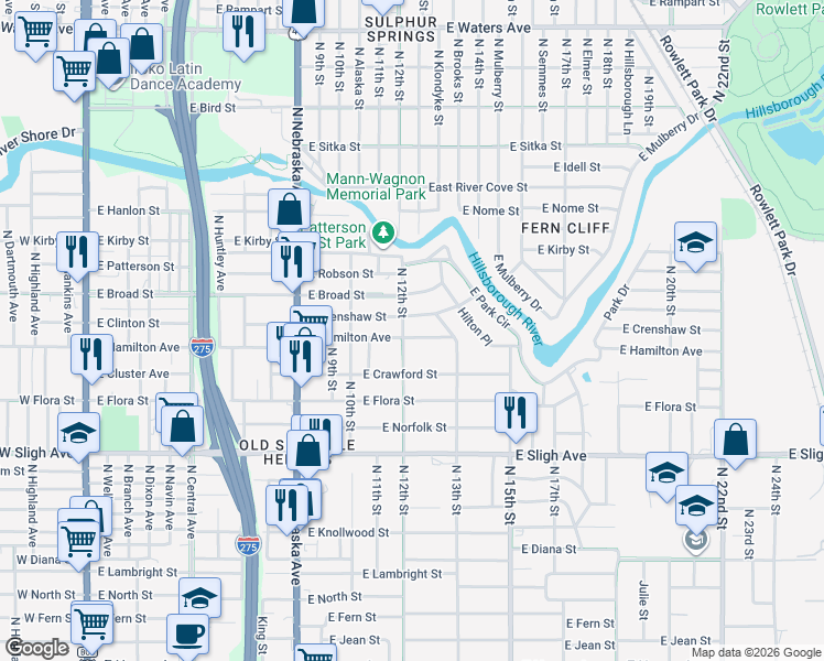 map of restaurants, bars, coffee shops, grocery stores, and more near 1022 East Crenshaw Street in Tampa