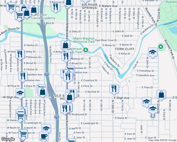 map of restaurants, bars, coffee shops, grocery stores, and more near 1022 East Crenshaw Street in Tampa