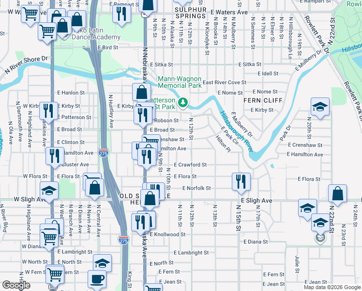 map of restaurants, bars, coffee shops, grocery stores, and more near 1022 East Crenshaw Street in Tampa