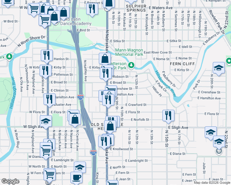 map of restaurants, bars, coffee shops, grocery stores, and more near 904 East Crenshaw Street in Tampa