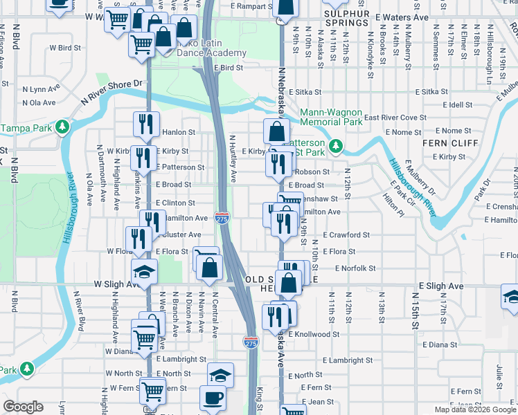 map of restaurants, bars, coffee shops, grocery stores, and more near 710 East Crenshaw Street in Tampa