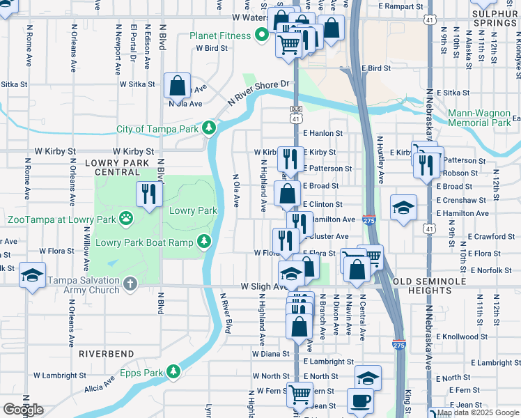 map of restaurants, bars, coffee shops, grocery stores, and more near 211 West Clinton Street in Tampa