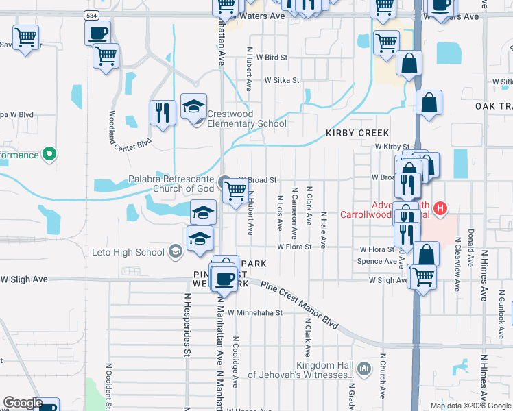 map of restaurants, bars, coffee shops, grocery stores, and more near 7213 North Hubert Avenue in Tampa