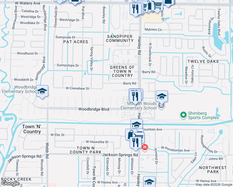 map of restaurants, bars, coffee shops, grocery stores, and more near 7713 Palmbrook Drive in Tampa