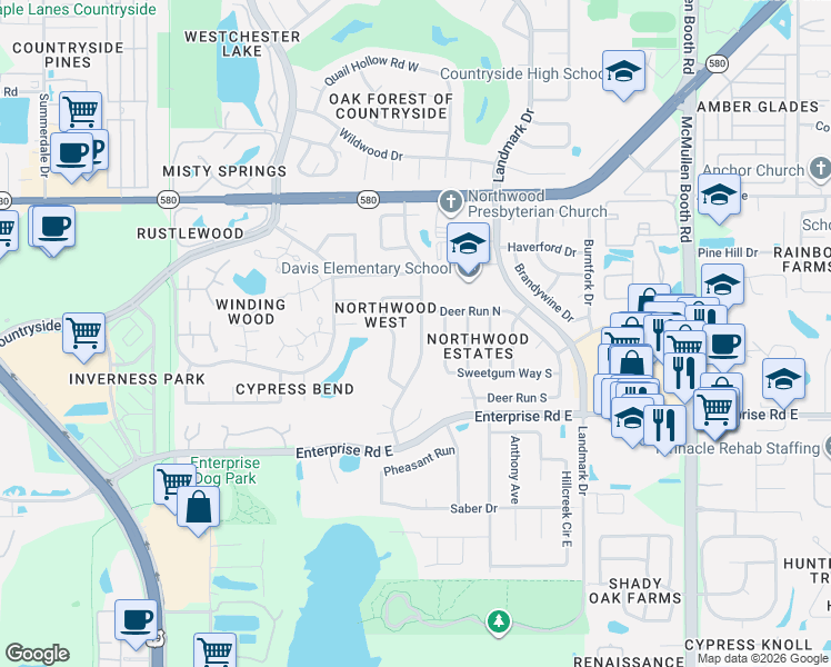 map of restaurants, bars, coffee shops, grocery stores, and more near 2591 Frisco Drive in Clearwater