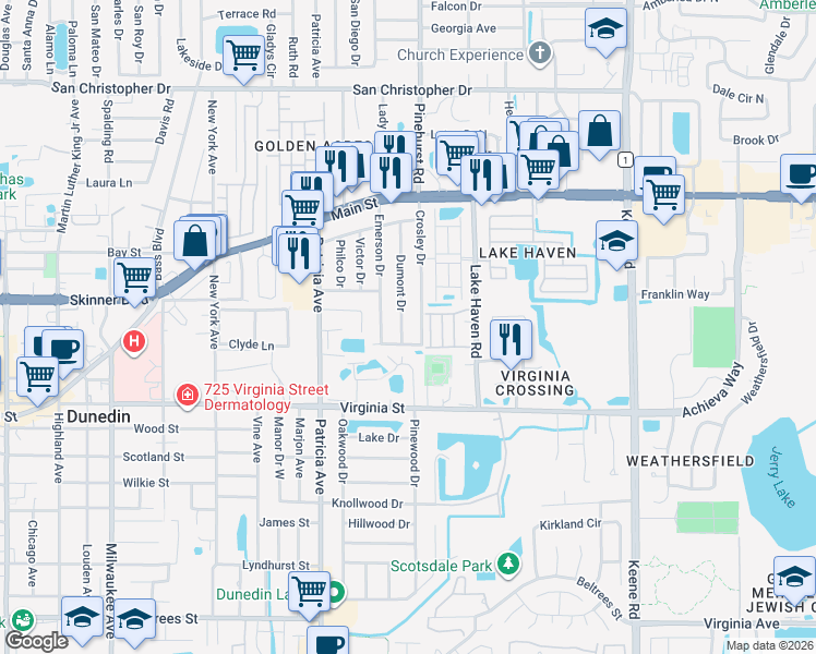 map of restaurants, bars, coffee shops, grocery stores, and more near 1090 Loch Haven Drive North in Dunedin