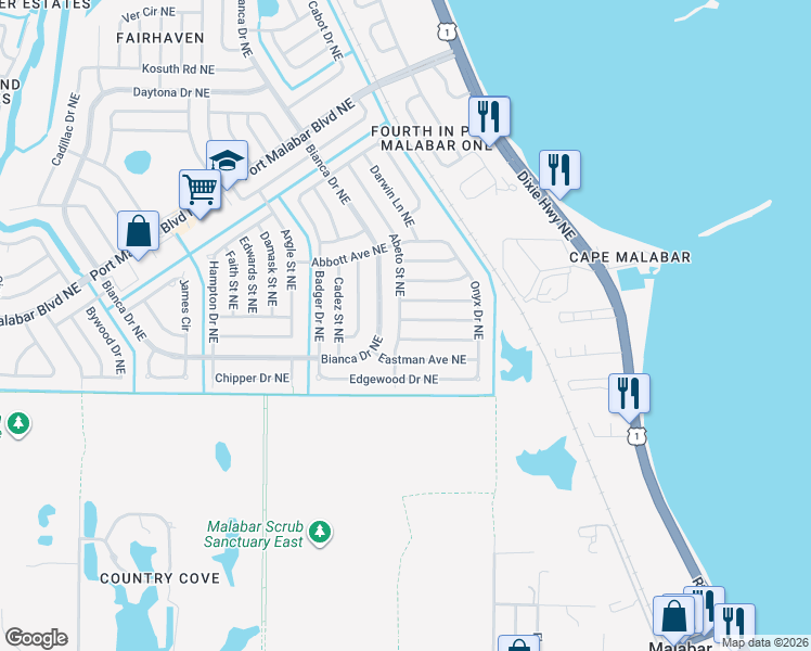 map of restaurants, bars, coffee shops, grocery stores, and more near 770 Abeto Street Northeast in Palm Bay