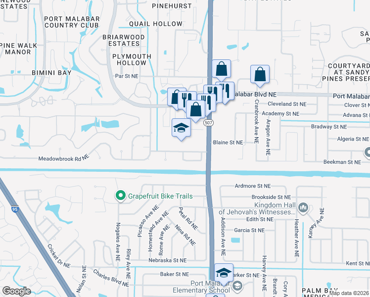 map of restaurants, bars, coffee shops, grocery stores, and more near 5320 Babcock Street Northeast in Palm Bay