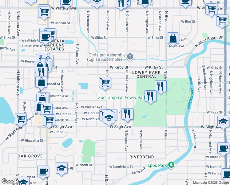 map of restaurants, bars, coffee shops, grocery stores, and more near 1522 West Clinton Street in Tampa