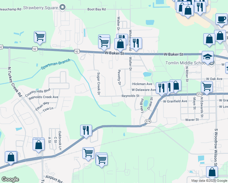 map of restaurants, bars, coffee shops, grocery stores, and more near 207 Lisa Ann Court in Plant City