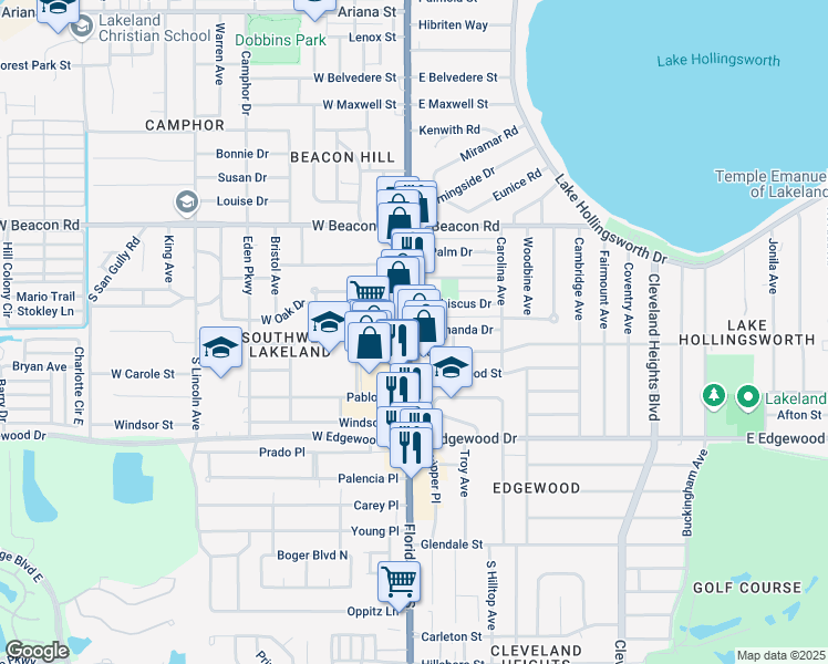 map of restaurants, bars, coffee shops, grocery stores, and more near 2410 Florida Avenue South in Lakeland