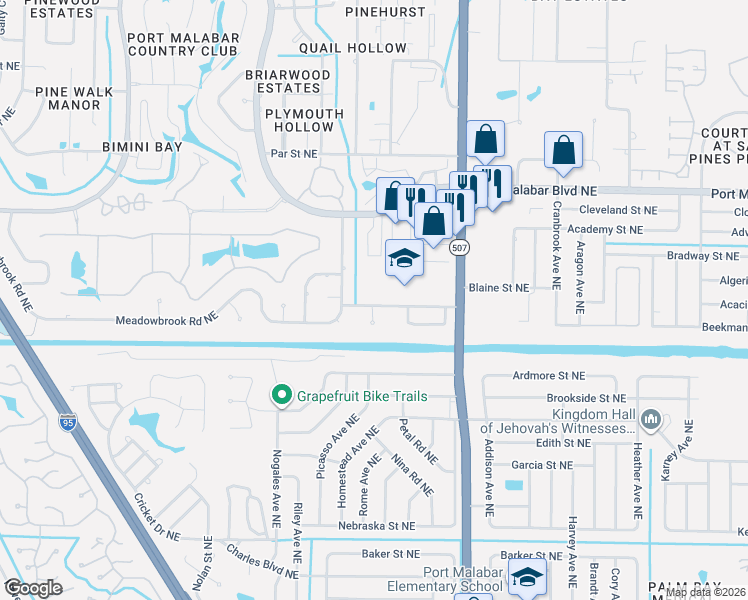 map of restaurants, bars, coffee shops, grocery stores, and more near 711 Pebble Beach Avenue Northeast in Palm Bay