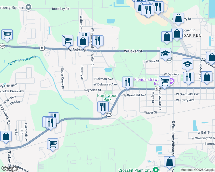 map of restaurants, bars, coffee shops, grocery stores, and more near 3302 West Delaware Avenue in Plant City