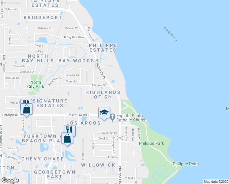 map of restaurants, bars, coffee shops, grocery stores, and more near 2555 Philippe Parkway in Safety Harbor