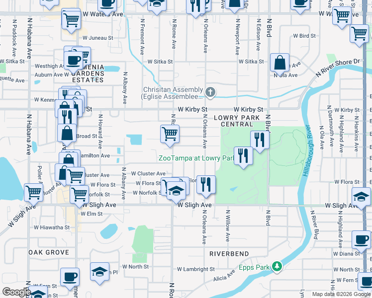 map of restaurants, bars, coffee shops, grocery stores, and more near 1522 West Clinton Street in Tampa