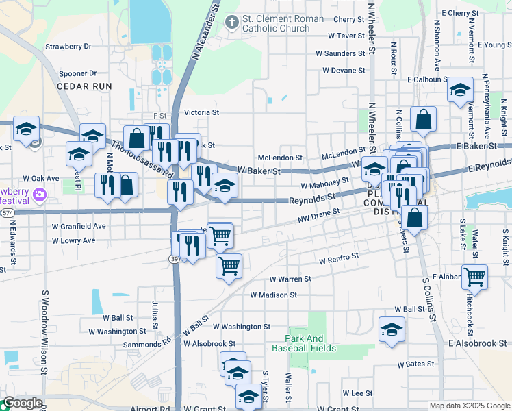 map of restaurants, bars, coffee shops, grocery stores, and more near 1102 Reynolds Street in Plant City